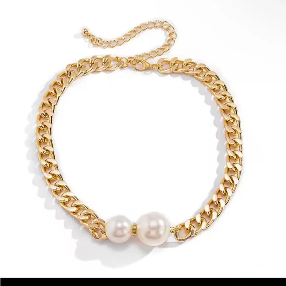 Gold Pearl Accent Chunky Chain Choker Necklace - Picture 2 of 3